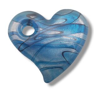 Vintage Large Heart Pendant Dichroic Art Glass Blue Silver Swirl Love
